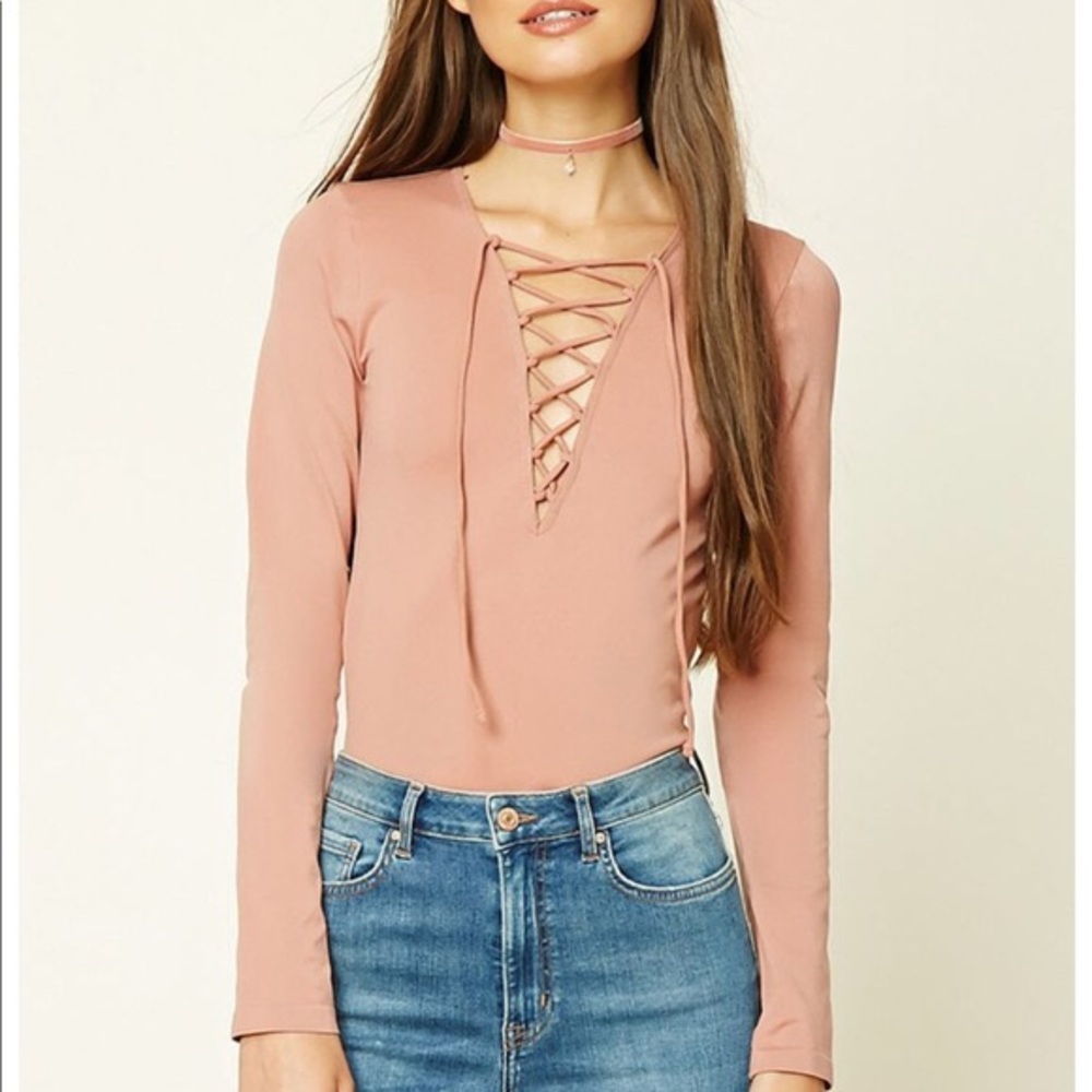 Pink, Lace-Up V Neck Body Suit